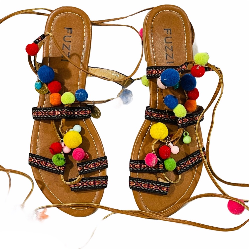 Fuzzi dark tan pom pom lace up boho sandals 7.5